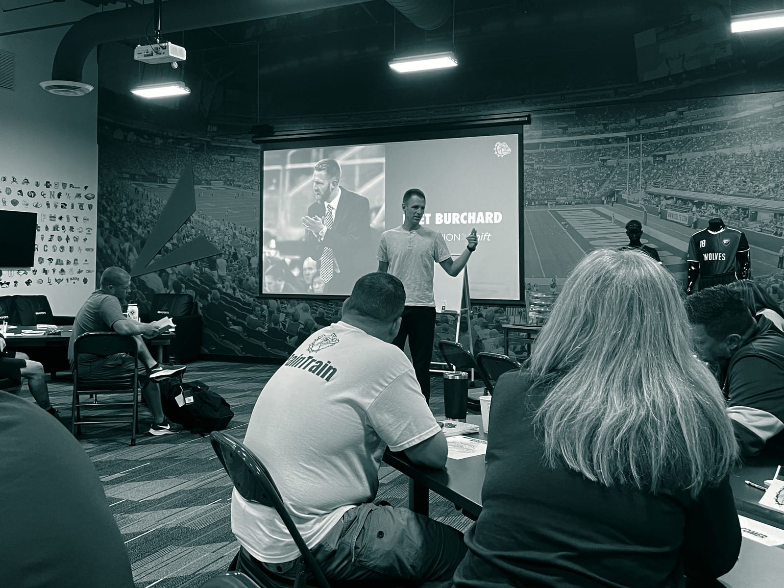 Bret Burchard presenting to a room of coaches